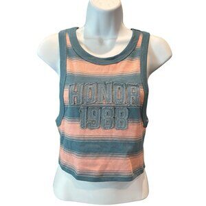 Honor the Gift Cropped Tank Top “HONOR 1988” Peach Blue Striped‎ Size L